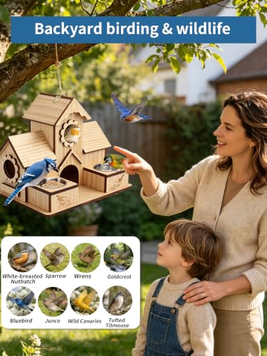 4-Hole Birdhouse for Outside with Feeding Tray, Cedar Wood