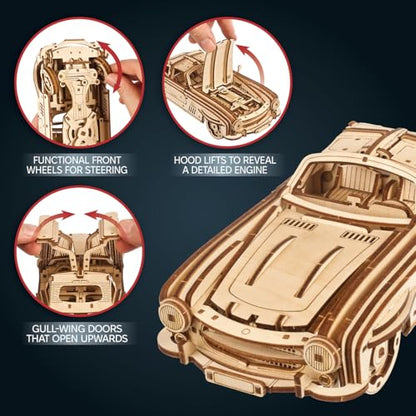 UGEARS Winged Sports Coupe Model Car Kit - 3D Wooden Puzzle for Adults – Model Kit for Adults to Build - DIY Wooden Car with Authentic Gull-Wing Design, 3D Puzzle