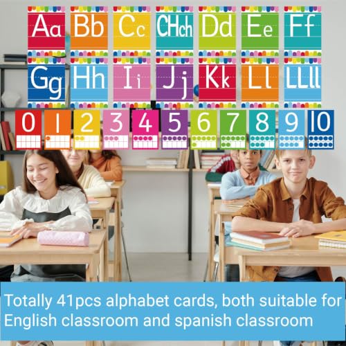 41 Pcs Bright Alphabet for Classroom ABC Posters and 0-10 Number Line Cards Colorful Letters Suitable for English Classroom and Spanish Classroom (English and Spanish ABC Bright) - color: Spanish Abc Bright