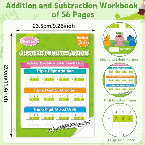 Addition and Subtraction Workbook Triple Digit Math Practice Worksheets for 2nd 3rd Grade, Addition&Subtraction Worksheets One Page A Day Math for Ages 6-9, Math Repetition Exercise Daily, 56 Pages - style: Level 4（Addition and Subtraction）