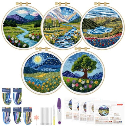 ERKOON 5 Sets Embroidery Kit for Beginners Adult Landscapes Cross Stitch - color: Landscapes