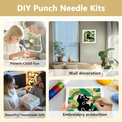 DOODLREAM Cat Leaves DIY Punch Needle Embroidery Kit for Adult Beginner, 9.4" Cute Cat and Plant Leaves Punch Stitching Craft Set for Starter with Frame, Fabric Pattern, Threader, Yarn, Punch Needle - color: Cat