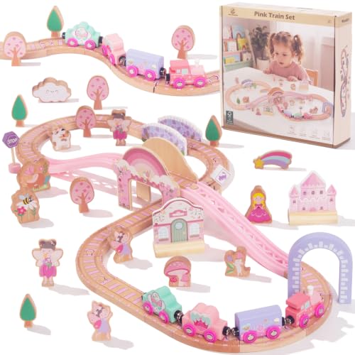 Wooden Train Set for Girls,46Pcs Train Track Railway for Toddlers