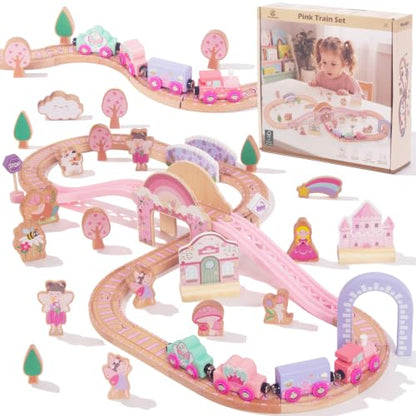 Wooden Train Set for Girls,46Pcs Train Track Railway for Toddlers