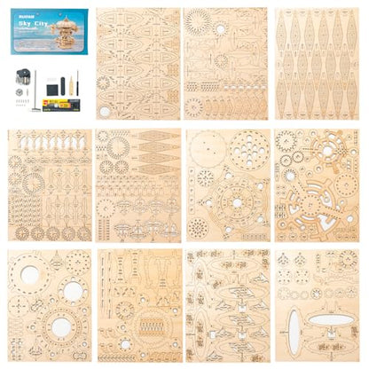 3D Wooden Puzzles for Adults, SkyCity Music Box Model Kit, 600+ Pcs Cityscape Design, Challenging Mechanical DIY Craft, STEM Toy and Unique Gift for All Occasions