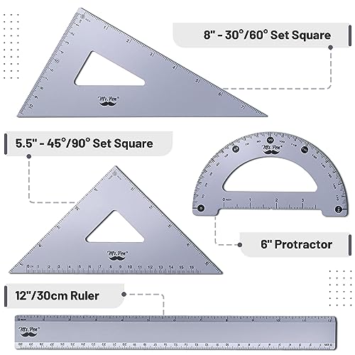 Mr. Pen- Metal Geometry Kit, 4 Pack, 45° & 30°/60° Set Squares - color: Periwinkle Gray