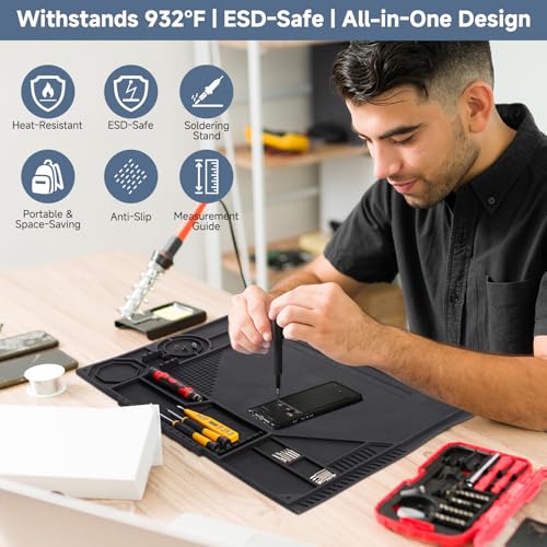 Silicone Soldering Mat with Soldering Stand, 20x14 Inch ESD Anti Static & 932°F Heat Resistant Workbench Mat for Electronics Repair, PCB, Phone, Watch, PC Building