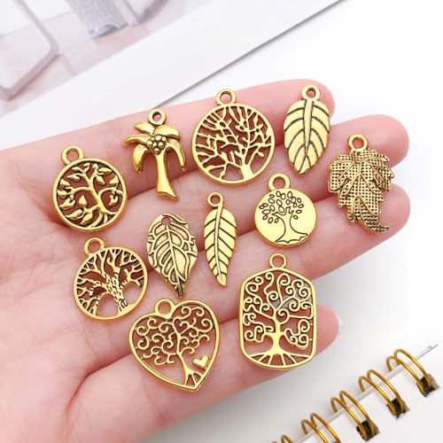 WOCRAFT 60pcs Antique Gold Tree Leaf Charms Bracelet Charms for Jewelry Making Sets DIY Necklace Bracelet Keychain Crafting Charms Kit Craft Supplies (SN888) - color: Antique Gold, size: Tree Leaf Charms