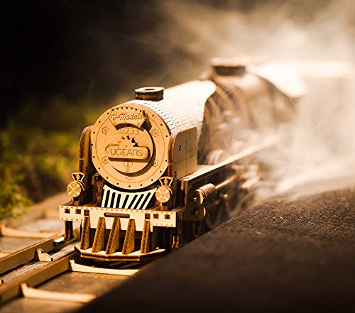 UGEARS V-Express Steam Train with Tender 3D Wooden Puzzles for Adults - Wooden Model Kits for Adults Model Train Steam Engine Kit Brain Teaser, Hobby Set Home Decoration
