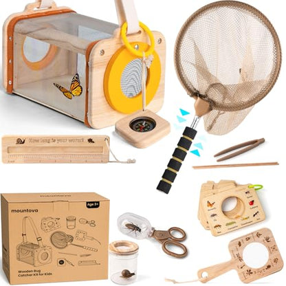 Bug Catching Kit for Kids Ages 3-14, 11PCS Wooden Nature Explorer Set with Butterfly Net, Bug Habitat, Magnifying Glass and Outdoor Insect Tools, Catch-and-Release STEM Educational Toy Gift