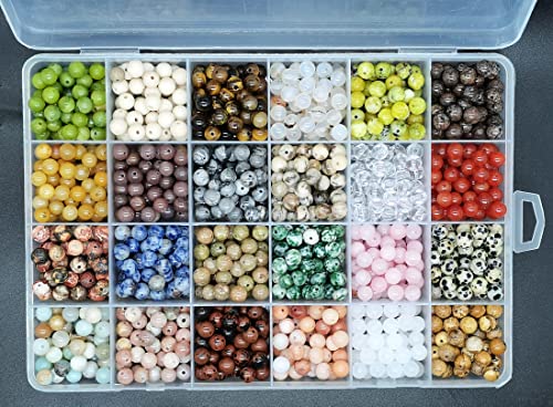 1200pcs 6mm Natural Round Stone Beads Real Gemstone Beading Loose Gemstone Hole Size 1mm DIY Smooth Beads for Bracelet Necklace Earrings Jewelry Making,Box Packed(24 Material -B,6mm) - color: 24 material -B,6mm, size: 6mm