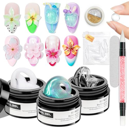 Sculpting Gel for Nail Art, Non-Stick Hand 3D Gel Nail Art - color: Clear&Mikly White&Aurora Green