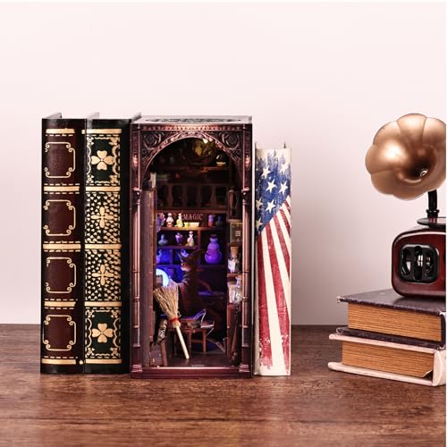 Magic Wizard Cat 3D Book Nook Kit, DIY Miniature House Booknook Dollhouse Kit for Adults and Teens, 3D Wooden Puzzle Bookend Bookshelf Insert Decor, Mini Magic House Model Build Gift - style: Magic Wizard Cat
