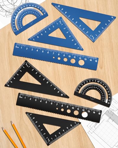 Honagu Triangular Ruler Set, 8 Pieces/2 Sets Aluminum Alloy Ruler, Metal Drafting Ruler, Geometric Protractor for Students, Draftsmen, Engineers, School Office Supplies (Blue+Black) - color: Blue+Black