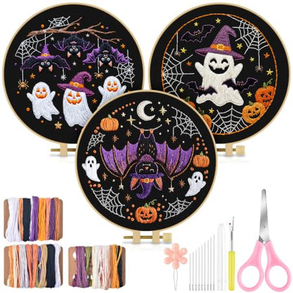 TINDTOP Halloween Embroidery Kit for Adult, 3 Pack Embroidery DIY Starter Kit, with Stamped Patterns, Hoop, Tools, Colorful Threads with Needles, Instructions - color: Halloween A