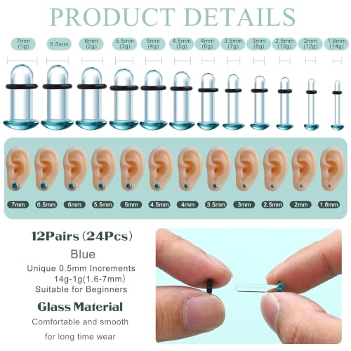 GEMQUEEN 24 Pcs 0.5mm Increments Glass Ear Stretching Kit Hypoallergenic - color: Blue, size: 24pcs|1.6mm-7mm(14g-1g)