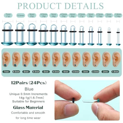 GEMQUEEN 24 Pcs 0.5mm Increments Glass Ear Stretching Kit Hypoallergenic - color: Blue, size: 24pcs|1.6mm-7mm(14g-1g)