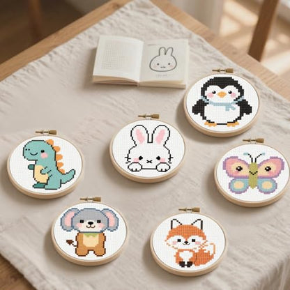 57lilina Cross Stitch Kits for Kids, 6 Set Easy Beginner Embroidery Pattern - color: Rabbit+ Penguin+ Dinosaur+ Butterfly+ Dog+ Fox