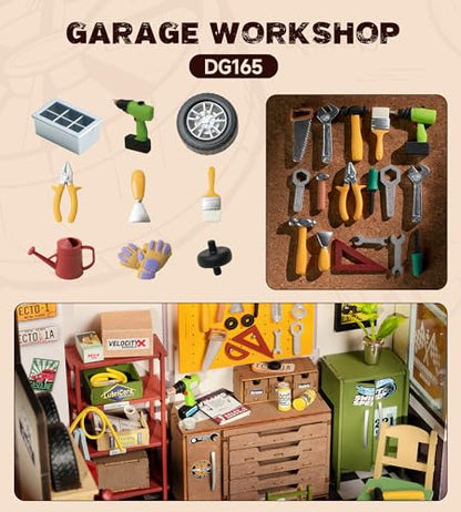 Rowood Miniature House Kit,DIY Miniature Dollhouse Craft Kits for Adults,Mini House Kits with LED,Birthday for Ages 14+(Garage Workshop) - style: Garage Workshop