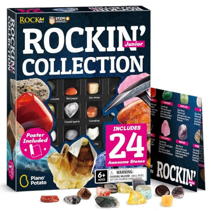 Rocks Collection 24 PCS Rock and Mineral Education Set Gemstones for Kids Geology Gem Kit with Tiger’s Eye Rose Quartz Red Jasper and More Identification Guide STEM Science Education - style: 24 Pieces