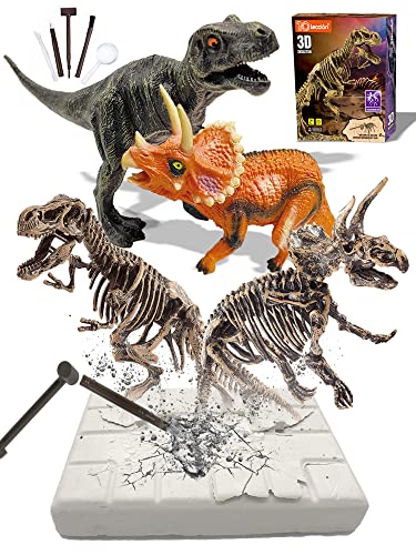 Dinosaur Fossil Dig Kit, Dino Excavation Kits for Kids, Educational Science Kits, Dinosaur Toys for Kids, Dig up 2 3D Skeleton Puzzles and 2 Dino Figures Including T-Rex, Triceratops - style: 2 Dino Skeletons+2 Dino Figures