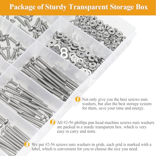254 Pieces #2-56 x 3/16", 1/4", 5/16", 3/8", 1/2", 5/8", 3/4", 1", Phillips Pan Head Machine Screws Nuts Washers Assortment Kit - size: #2-56, style: Phillips Pan Head
