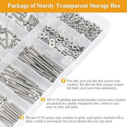 254 Pieces #2-56 x 3/16", 1/4", 5/16", 3/8", 1/2", 5/8", 3/4", 1", Phillips Pan Head Machine Screws Nuts Washers Assortment Kit - size: #2-56, style: Phillips Pan Head