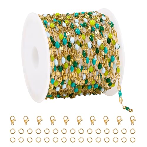 UMAOKANG Mixed Green Enamel Jewelry Chain Stainless Steel Chains Bulk - color: Gold-Green Colorful