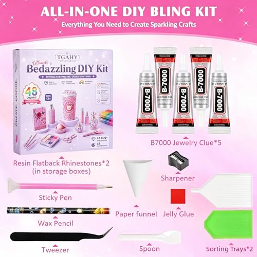 48000 Pcs Resin Rhinestones Kit for Crafts, 48 Colors 3mm Flatback Jelly Gems with 5 B7000 Glue, Dotting Pens, Tweezers & Trays, Bedazzling Kit for Nails, Tumblers, DIY Crafts