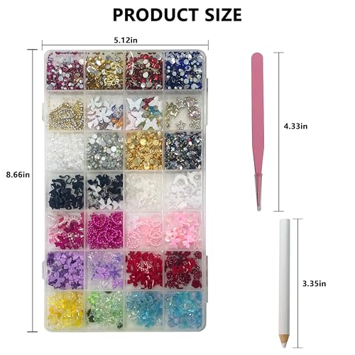 Nail Art Starter Kit with Metal Tweezers | 100Pcs Cute 3D Charms Like Bows, Butterflies, Chains & Stars | Gold & Silver Nail Rhinestones for Manicure, Junk Journaling
