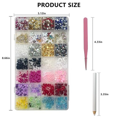Nail Art Starter Kit with Metal Tweezers | 100Pcs Cute 3D Charms Like Bows, Butterflies, Chains & Stars | Gold & Silver Nail Rhinestones for Manicure, Junk Journaling