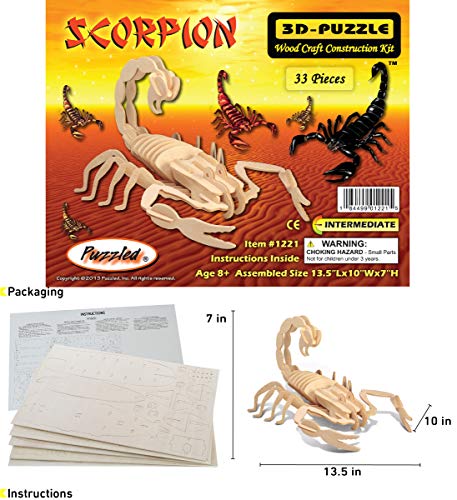 Puzzled 3D Puzzle Scorpion Wood Craft Construction Model Kit, Fun & Educational Animal DIY Wooden Toy Assemble Model Unfinished Crafting Hobby Puzzle to Build & Paint for Decoration 33 Pieces Pack