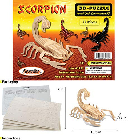 Puzzled 3D Puzzle Scorpion Wood Craft Construction Model Kit, Fun & Educational Animal DIY Wooden Toy Assemble Model Unfinished Crafting Hobby Puzzle to Build & Paint for Decoration 33 Pieces Pack