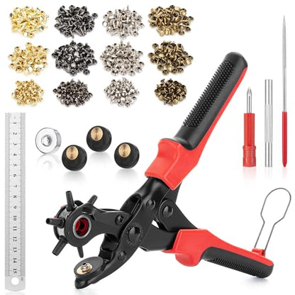 UNCO- Leather Hole Punch Tool Set with 240 Leather Rivets, Red Handle, Multi Punch Sizes, Rotary Belt Hole Puncher for Leathers, Belts, Straps, Pet Collars, Shoes, Saddles, Canvas & DIY Crafts
