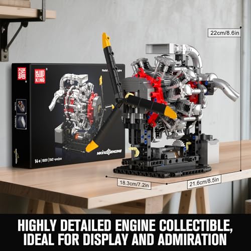 Mould King 10211 Aircraft Engine Model that Works, 1147PCS Transmission Engine Battery/Motor Building Sets, STEM Toy Gift for 14+ Teens & Adults, V8 Engine Series for Display Collection - style: RA Engine