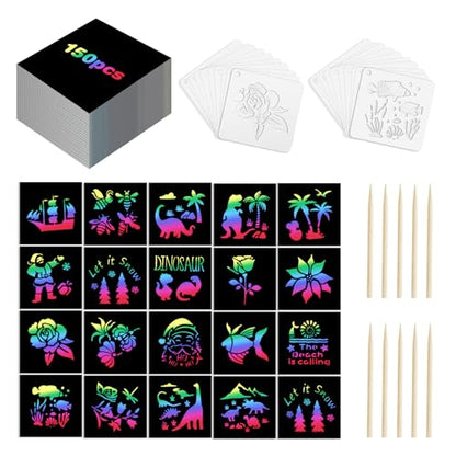 Eommmgl-180 Rainbow Scratch Paper Set,Scratch Art for 4-12 Kids, Mini Notes Arts and Craft Supplies,Matching Random Personalized Stencils ，Christmas Gift，School Classroom Activities, Travel Carrying.