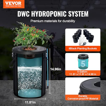 VEVOR DWC Hydroponic System, 5 Gallon 8 Buckets, Deep Water Culture Growing Bucket, Hydroponics Grow Kit with Pump, Air Stone and Water Level Device, for Indoor/Outdoor Leafy Vegetables - style: 8 Buckets