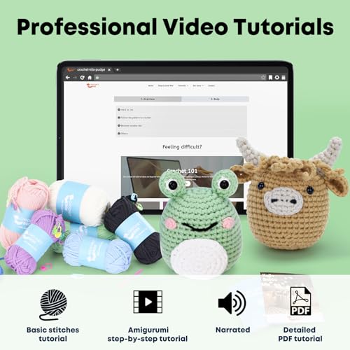 CrochetBox Highland Cow and Frog Crochet Kit for Beginners, 2 PCS Set - color: 2 PCS Highland Cow and Frog
