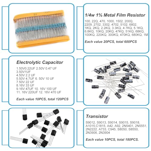 1400Pcs Basic Electronics Component Assortment Kit, Electrolytic Capacitor, Ceramic Capacitor, LED Diode, Common Diode, Resistor, Transistor Component for Arduino, Electronic DIY Project