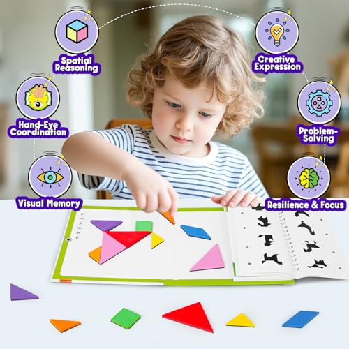 Travel Tangram Puzzle with 2 Sets Magnetic Pieces & 368 Patterns, Montessori STEM Airplane & Quiet Car Ride Games, Educational Brain Teaser Toy Gift for Kids Ages 4-8