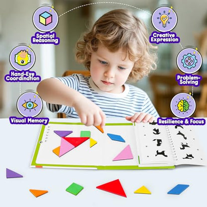 Travel Tangram Puzzle with 2 Sets Magnetic Pieces & 368 Patterns, Montessori STEM Airplane & Quiet Car Ride Games, Educational Brain Teaser Toy Gift for Kids Ages 4-8