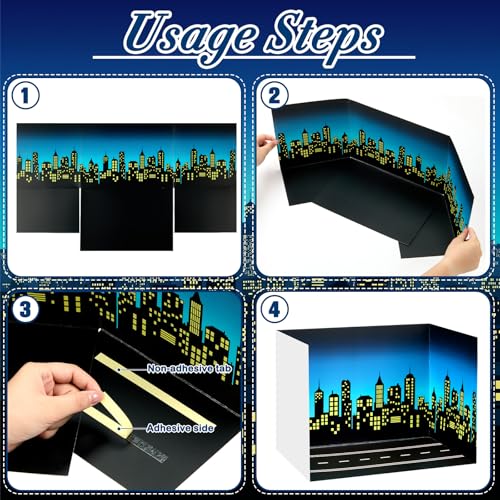 AmazingSpark 2 Set Hero City Skyline Diorama Box and Road Sticker Decor, Black Skyscraper Building Diorama Project Supplies Set, Cardboard Display Case Kit with Double Sided Tapes for DIY Crafts - style: Hero