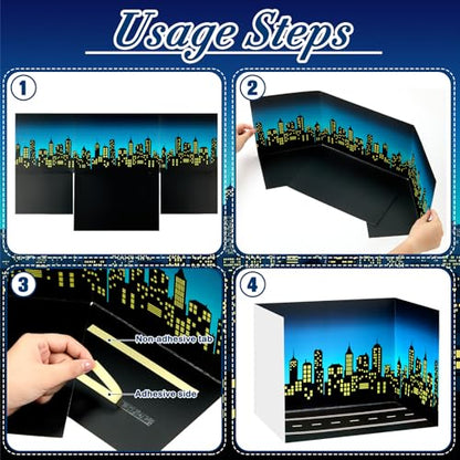 AmazingSpark 2 Set Hero City Skyline Diorama Box and Road Sticker Decor, Black Skyscraper Building Diorama Project Supplies Set, Cardboard Display Case Kit with Double Sided Tapes for DIY Crafts - style: Hero