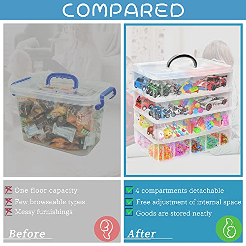 4-Tier Stackable Storage Container Box with 40 Adjustable Compartments, Plastic Organizer Box Transparent Storage Case for Kids Toys, Art Crafts, Jewelry, Supplies, Fuse Beads, Washi Tapes