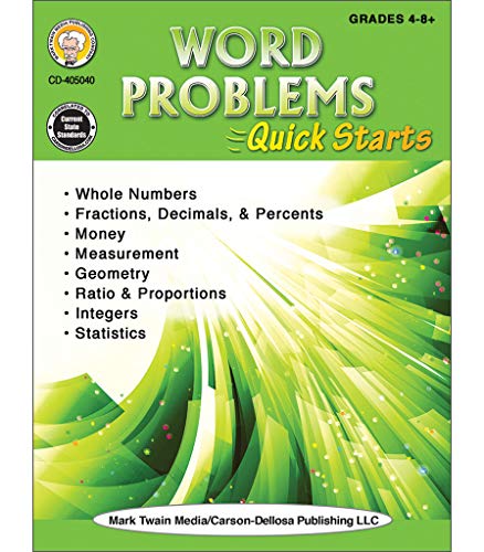 Mark Twain Word Problems Math Workbook, Mathematics for Grades 4 and Up, Whole Numbers, Fractions, Decimals, Geometry, Ratio, Statistics, and More, Classroom or Homeschool Curriculum