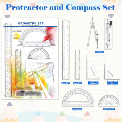 Coopay 7 Pcs Geometry Kit with Ruler, Triangle Ruler, Protractor and Compass Set - size: 7 Pcs set