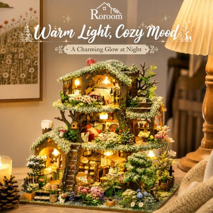 Roroom DIY Miniature House Kit, Snowy Fairy Forest House Dollhouse Kit - color: Time Tree House(snow)