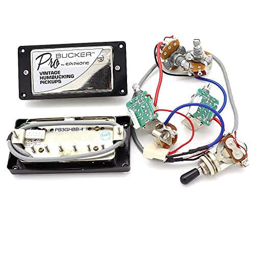 1 Set ProBucker Alnico Bridge&Neck Pickups with Pro Wiring Harness Pots&3 Way Switches Universal for Electric Guitar (Chrome (Black Ring)) - color: Chrome (Black ring)