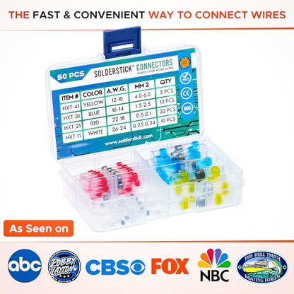 50 Pieces Waterproof Solder Seal Wire Connectors Kit, Electrical Insulated Wire Splice Heat Shrink Wire Connectors with 4 Gauges - 12-10, 16-14, 22-18, 26-24 AWG