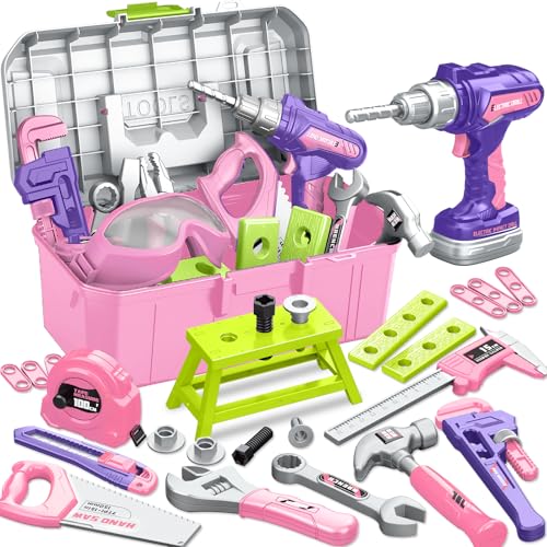 Kids Tool Set with Tool Box Electronic Toy Drill, Toddler Tool Set for Girl - style: Pink